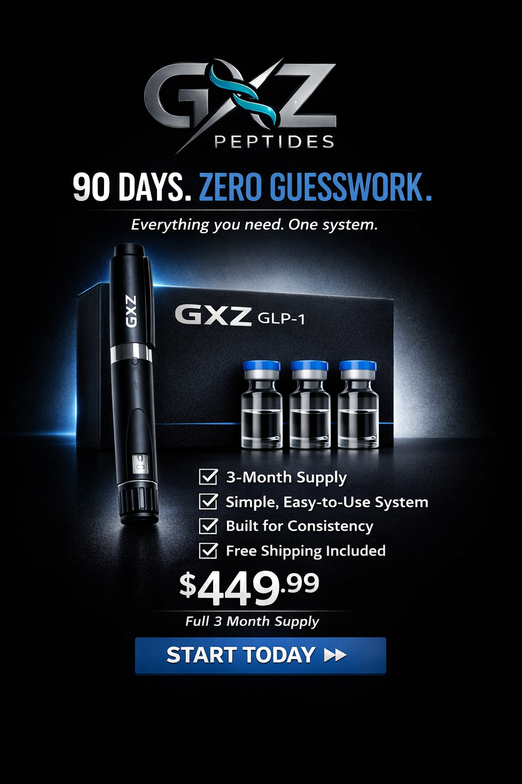 GXZ GLP-1 System with injector pen, kit box, and vials